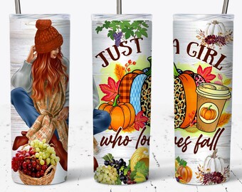 Vaso "Just A Girl Who Loves Fall", Vibraciones otoñales, Vaso delgado de 20 oz PNG, Es otoño, Diseño de vaso, Recto y cónico