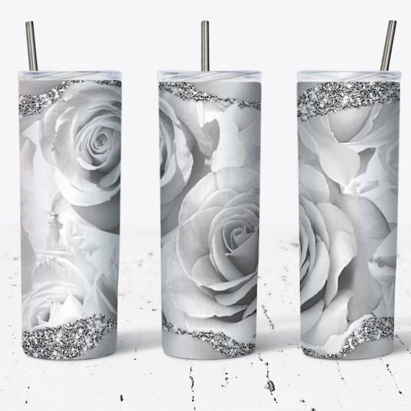 White And Silver Roses Pattern 20 OZ Skinny Tumbler Design - Straight & Tapered Sublimation Wrap Design - Tumbler PNG - Wrap Template