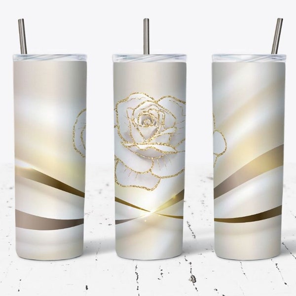 White And Gold Luxury Rose Pattern 20 OZ Skinny Tumbler Design - Straight & Tapered Sublimation Wrap Design - Tumbler PNG - Wrap Template
