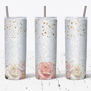 White And Pink Gold Rose Pattern 20 OZ Skinny Tumbler Design - Straight & Tapered Sublimation Wrap Design - Tumbler PNG - Wrap Template