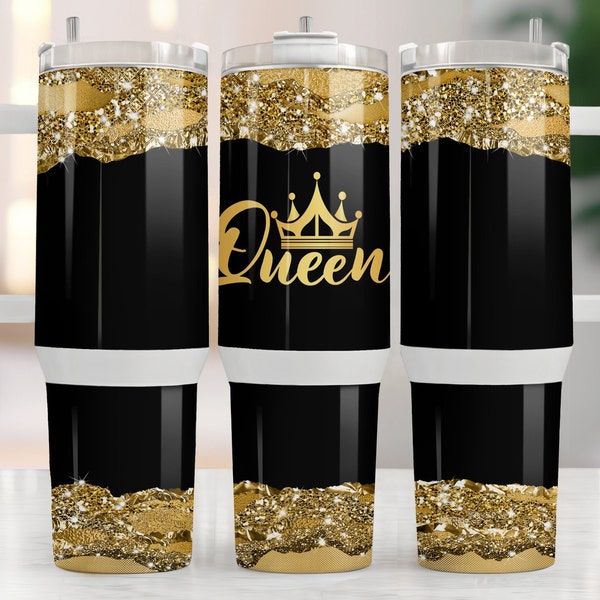 Queen Tumbler Wrap, 40oz Tumbler Wrap, Luxury 40oz Quencher Tumbler Wrap, Black And Gold PNG Sublimation Design, Fashion Png gift