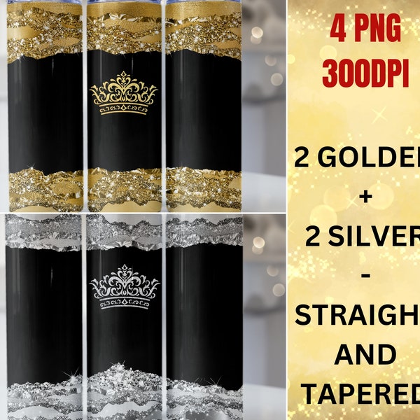 Gold and black tumbler wrap, Silver And Black Diamond Glitter png, 20OZ Skinny Tumbler Design, golden crown tumbler wrap, silver glitter png