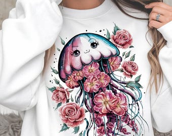 Jellyfish PNG, Floral Marine Art png, Cute Marine Life png, Watercolor Jellyfish clipart, Pastel Jellyfish, Kawaii jellyfish T-shirt design