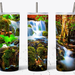 Waterfall In The Forest Nature 20 Oz Skinny Tumbler Wrap Straight And Tapered Template Digital Graphics Instant Download Sublimation Design