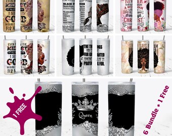 Black Queen Bundle 20 OZ Tumbler Wrap, Afro Queen PNG, Melanin Girl, 6+1 Free PNG Digital Download, Straight/Tapered Sublimation Wrap Design