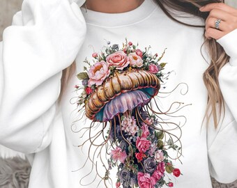 Jellyfish PNG, Floral Marine Art png, Cute Marine Life png, Watercolor Jellyfish clipart, Pastel Jellyfish, Kawaii jellyfish T-shirt design
