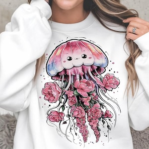 Jellyfish PNG, Floral Marine Art png, Cute Marine Life png, Watercolor Jellyfish clipart, Pastel Jellyfish, Kawaii jellyfish T-shirt design