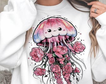 Jellyfish PNG, Floral Marine Art png, Cute Marine Life png, Watercolor Jellyfish clipart, Pastel Jellyfish, Kawaii jellyfish T-shirt design