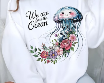 Jellyfish PNG, Floral Marine Art png, Cute Marine Life png, Watercolor Jellyfish clipart, Pastel Jellyfish, Kawaii jellyfish T-shirt design