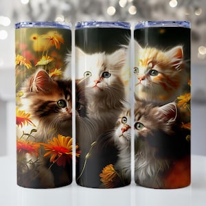 Cute Kittens Tumbler Design PNG | Cat Lover Gift | Floral Kitten Sublimation | 20oz Skinny Tumbler Wrap | Digital Download, Kitten png