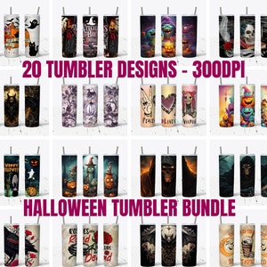 May include: A set of 20 Halloween-themed tumbler designs, featuring various spooky and cute characters, including a witch, a ghost, a skull, a bat, a pumpkin, and a monster. The designs are perfect for creating personalized tumblers for the Halloween season.