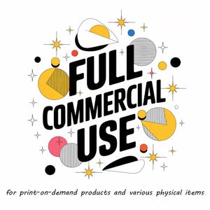 K&ouml;nnte beinhalten: Ein farbenfrohes Grafikdesign mit geometrischen Formen und Sternen, die den Text "FULL COMMERCIAL USE" f&uuml;r Print-on-Demand-Produkte und verschiedene physische Artikel umgeben.