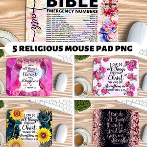 May include: Four pink and white floral mouse pads with inspirational quotes about faith and strength. The quotes are "I can do all things through Christ who strengthens me" and "I can do all things through Christ who gives me strength".