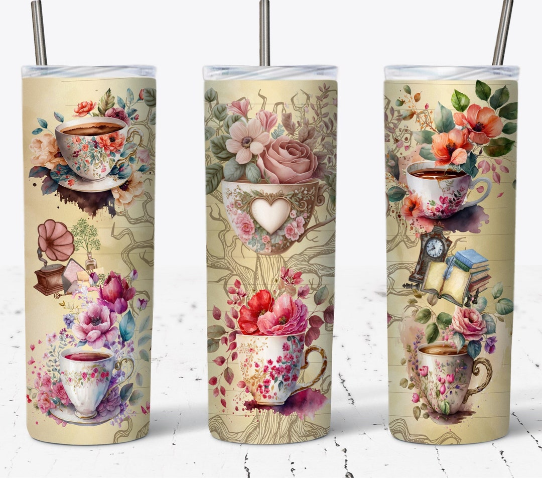 Vintage Tumbler Wrap, Cute Coffee Tumbler Wrap, Books and Coffee