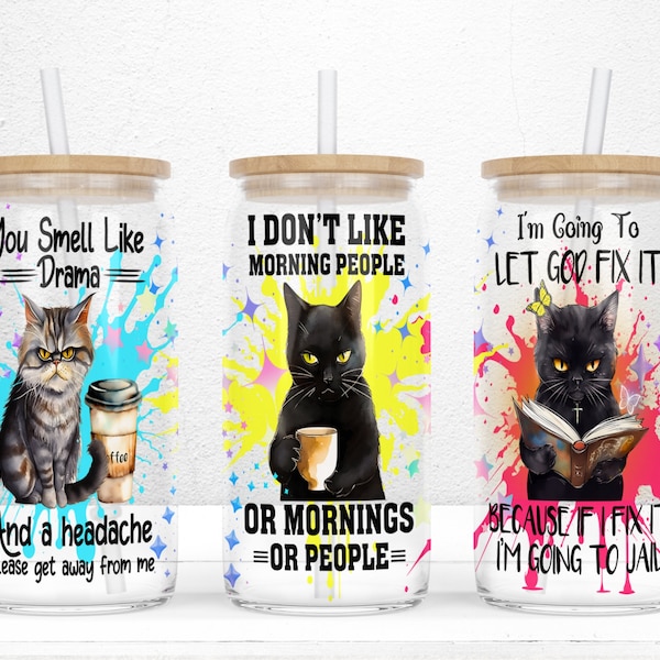 Sarcastic Libbey PNG, Funny Cats Libbey PNG, 16oz Libbey Glass Can Design, fun sublimation designs, Funny cat png, Snarky Libbey Cup PNG