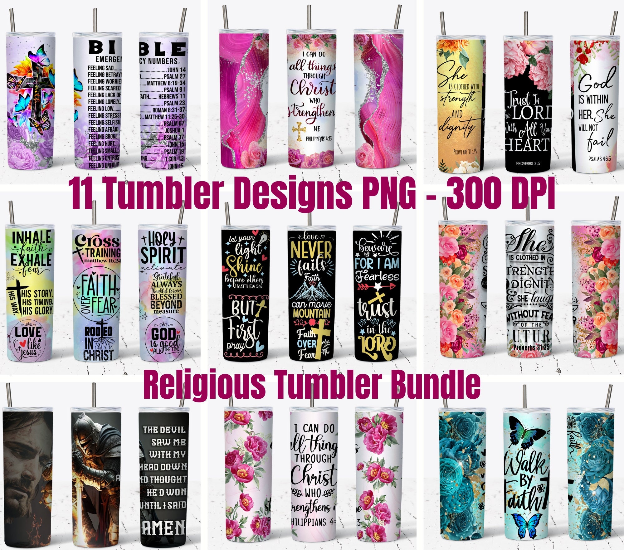 11 Religious Tumbler Bundle, 20oz Skinny Tumbler, Christian Bundle PNG Wrap, Bible Verse Religious Tumblers Bundle, PNG Instant Download