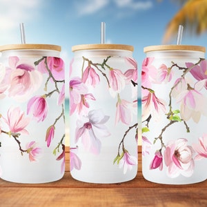 Pink Flowers Libbey PNG, Floral Libbey PNG, 16oz Libbey Glass Can Design, Sublimation png, Inspirational Digital File, Libbey Cup, PNG Gift