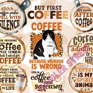 Pu&ograve; includere: Una collezione di illustrazioni a tema caff&egrave; con vari detti sul caff&egrave;. Le illustrazioni sono in stile acquerello con toni marroni e arancioni. Il testo include frasi come "Ma prima, caff&egrave;", "Il caff&egrave; &egrave; il mio animale spirituale", e "Il caff&egrave;, l'et&agrave; adulta &egrave; difficile".