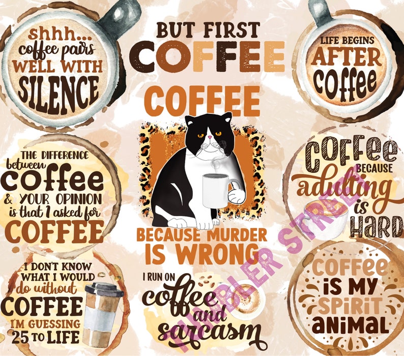 Pu&ograve; includere: Una collezione di illustrazioni a tema caff&egrave; con vari detti sul caff&egrave;. Le illustrazioni sono in stile acquerello con toni marroni e arancioni. Il testo include frasi come "Ma prima, caff&egrave;", "Il caff&egrave; &egrave; il mio animale spirituale", e "Il caff&egrave;, l'et&agrave; adulta &egrave; difficile".