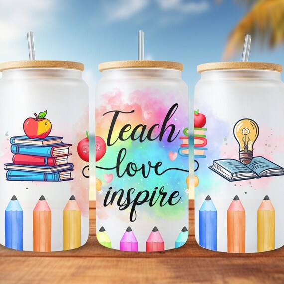 Teach Love Inspire PNG, Teacher Libbey PNG, 16oz Libbey Glass Can Design, Sublimation png, Inspirational Digital File, Libbey Cup, PNG Gift