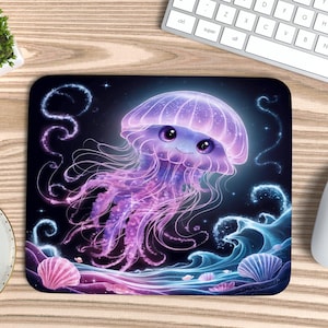 May include: A purple and blue glowing jellyfish with a cute face swims in a dark blue ocean with sparkling waves and seashells.