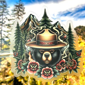 Smokey Bär Tattoo Laptop Aufkleber | Smoky Mountains Planer Aufkleber | Gatlinburg Wasserdichter Aufkleber Feuerwehrmann Vinyl Aufkleber
