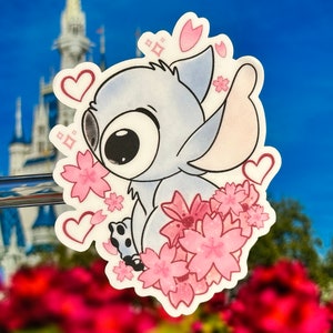 Sticker pour ordinateur portable point de fleurs de cerisier | Sticker planificateur Disney Lilo et Stitch | Décalcomanie en vinyle imperméable à l'eau Sakura Stitch