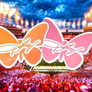 May include: Two butterfly-shaped stickers with white outlines, one orange and one pink, each featuring the word Dolly in a white cursive script font. The stickers are positioned against a blurred background of a crowded stadium with bright lights.