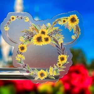Sunflower Mickey Wreath Laptop Sticker | Mickey Ears Planner Sticker | Hidden Mickey Vinyl Decal Waterproof Sticker