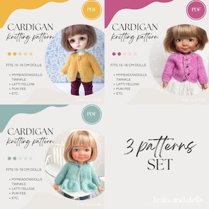 May include: A digital PDF knitting pattern set for doll cardigans, featuring three distinct designs modeled on dolls. The text includes 'CARDIGAN knitting pattern', 'FITS 15-16 CM DOLLS', and '3 patterns SET'. The cardigans are yellow, pink, and light blue.