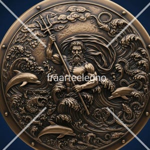 Può includere: Scultura a rilievo circolare color bronzo raffigurante una figura barbuta con un tridente, circondata da onde, delfini e creature marine. La figura è probabilmente Poseidone o Nettuno. Il testo "fraarteeegno" è visibile.