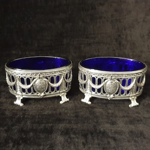 Pair of Antique French 950 Silver and Blue Glass Salt Cellars - 19th Century Louis XVI Style