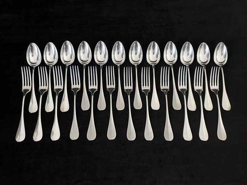 Set of Christofle Silver-Plated Cutlery 12 Dessert Spoons , 12 Dessert Forks Louis XVI Style Circa 1900s image 3