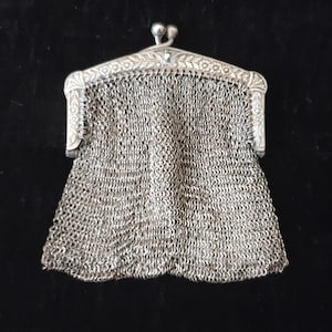 Monedero vintage de plata con marco de cartera rectangular con diseño floral y dos compartimentos - Monedero de malla plateada francesa