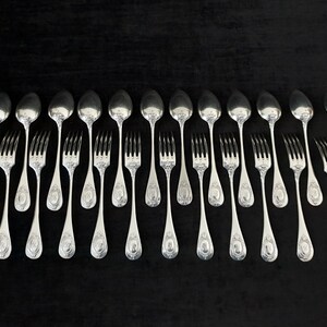 Set of Christofle Silver-Plated Cutlery 12 Dessert Spoons , 12 Dessert Forks Louis XVI Style Circa 1900s image 2