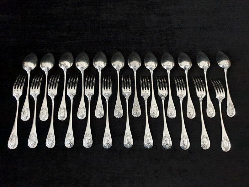 Set of Christofle Silver-Plated Cutlery 12 Dessert Spoons , 12 Dessert Forks Louis XVI Style Circa 1900s image 2