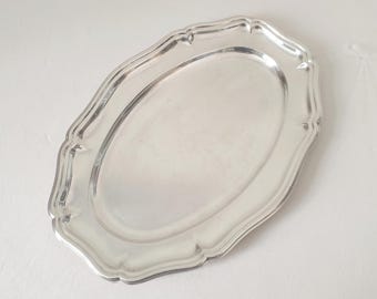 French Vintage Silver Plated Large Oval Serving Tray with Shaped Scalloped Border