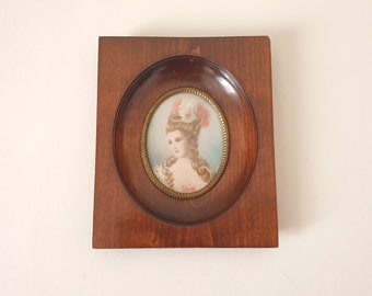 Vintage Hand-Painted Miniature Portrait of Beautiful Lady in Georgian Style in Brown Ebony Frame