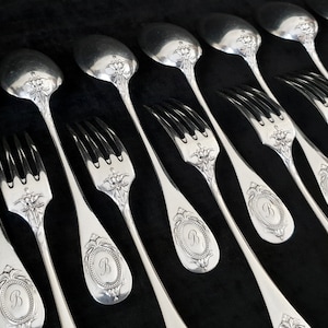 Set of Christofle Silver-Plated Cutlery 12 Dessert Spoons , 12 Dessert Forks Louis XVI Style Circa 1900s image 1