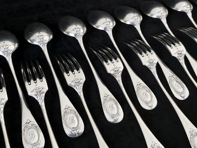 Set of Christofle Silver-Plated Cutlery 12 Dessert Spoons , 12 Dessert Forks Louis XVI Style Circa 1900s image 1