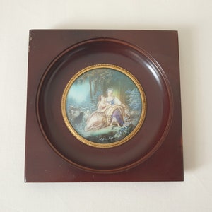 Miniatura de acuarela vintage pintada a mano según "La carta de amor" de François Boucher en marco de ébano marrón oscuro