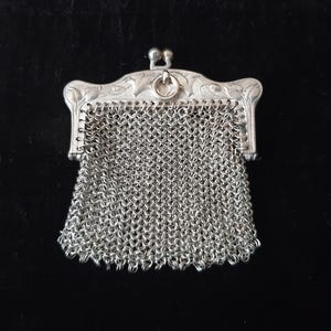 Monedero vintage de plata con marco de cartera rectangular con diseño floral y dos compartimentos - Monedero de malla plateada francesa