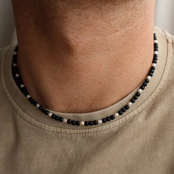 Perlenhalskette mit Süßwasserperlen, Holzperlenkette mattschwarz, Unisex Halskette