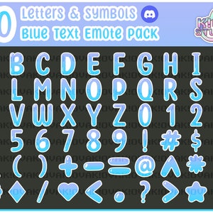Paquete de gestos de texto de 60 letras y símbolos azules / Discord, Twitch, YouTube, Streaming, paquete de palabras, emojis personalizados, gesto femenino, lindo y estético