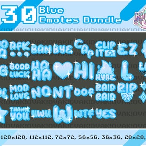 x30 Blue Emotes Bundle para Twitch e Discord | Sparkle, Cute, Estético, Feminino, Streaming, Text Emote, Bundle, Pack, Palavras, Letras, Emojis