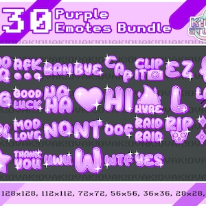 Paquete x30 Purple Emotes para Twitch y Discord / Sparkle, Lindo, Estético, Femenino, Stream, Text Emote, Bundle, Pack, Palabras, Letras, Emojis