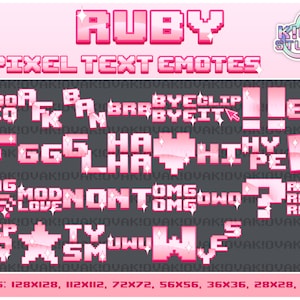 Puede incluir: Emoticonos de texto en pixel art rosa con un efecto brillante. Los emoticonos incluyen palabras como "1000", "FK", "AM", "BRB", "BYE", "EZ", "FGG", "HA", "HI", "PE", "LAG", "LOVE", "MORN", "OMG", "OWO", "RAID", "RIP", "SM", "TY", "UWU", "WE" y "YES". El texto "RUBY PIXEL TEXT EMOTES" está en la parte superior de la imagen. El texto "KIOVA STUDIOS" está en la esquina superior derecha de la imagen. El texto "SIZES: 128X128, 112X112, 72X72, 56X56, 36X36, 28X28, 18X18." está en la parte inferior de la imagen.