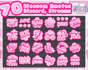 May include: 70 pink and white blossom themed emotes for Discord and streams. The emotes feature various words and phrases like "200%", "AFK", "BAN", "BRB", "BYE", "CLIP IT", "EZ", "F", "GG", "HF", "HA", "HI", "HYPE", "L", "LAG", "LOL", "LURKING", "MOD", "NICE", "NO", "NT", "OMG", and more.