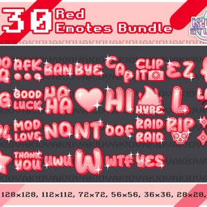 Puede incluir: Un conjunto de 30 emotes de Twitch rojos con varios diseños, incluyendo texto, corazones y estrellas. Los emotes están en un estilo pixelado y tienen un acabado brillante. El texto en los emotes incluye "200", "AFK", "BAN", "BYE", "CAP", "CLIP", "EZ", "F", "GG", "GOOD LUCK", "HA", "HI", "HYPE", "L", "LAG", "LOL", "MOD", "NON", "T", "OOF", "RAID", "RIP", "THANK YOU", "WWW", "WTF", y "YES".