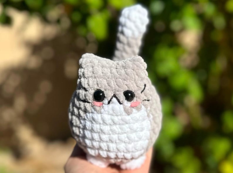 Crochet Cat Plushie, soft chubby kitty stuffed animal Light Gray Tuxedo